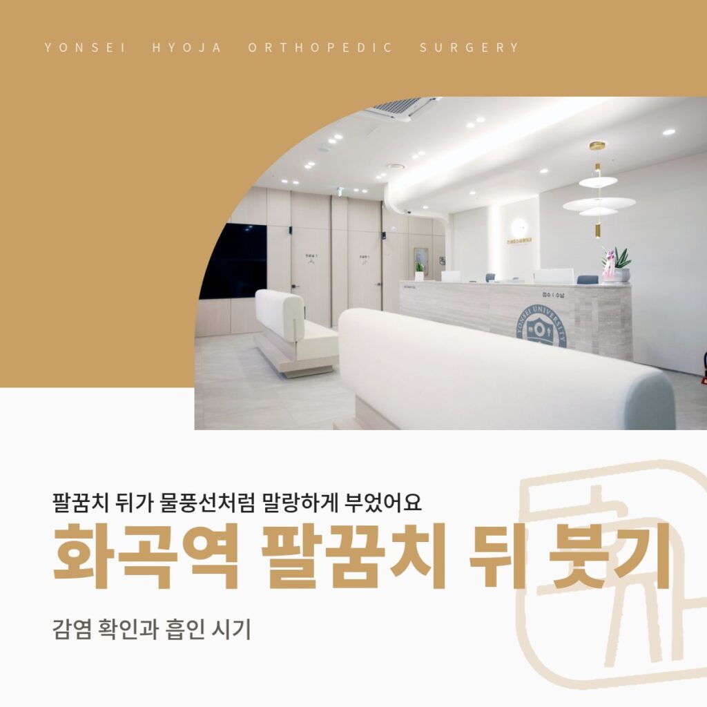 연세효자정형외과의원 로고와 접수 데스크와 대기 공간 사진을 넣은 골드 배경 위에 화곡역 팔꿈치 뒤 붓기·감염 확인과 흡인 시기 제목을 넣은 대표이미지